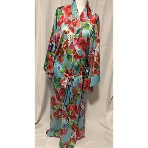 Natori Star Blossom L Robe & Gown Set Silky Floral Kimono Luxury Lounge Resort